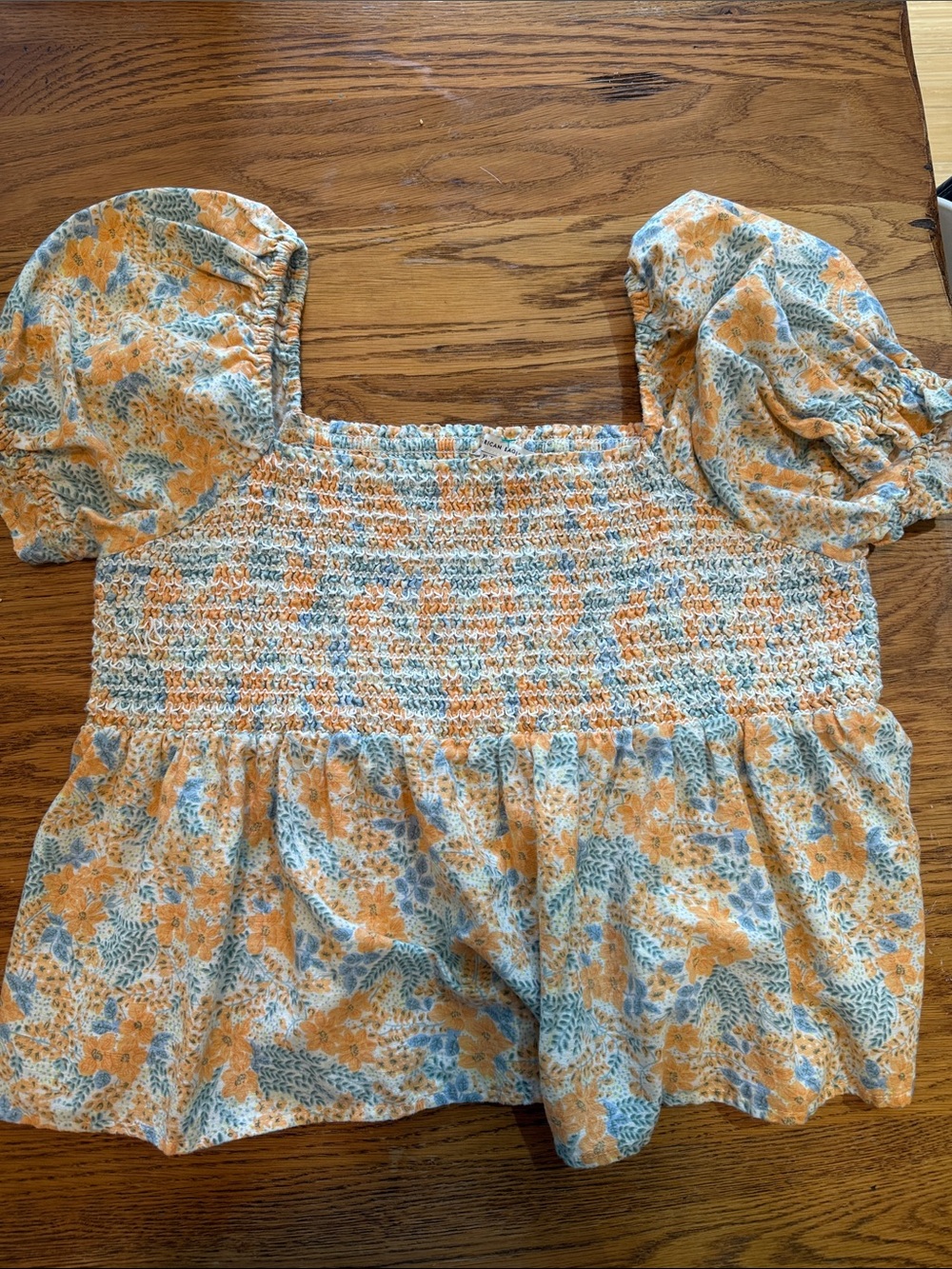 American Eagle Outfitters Smocked Floral Crop Top in Orange & Blue
